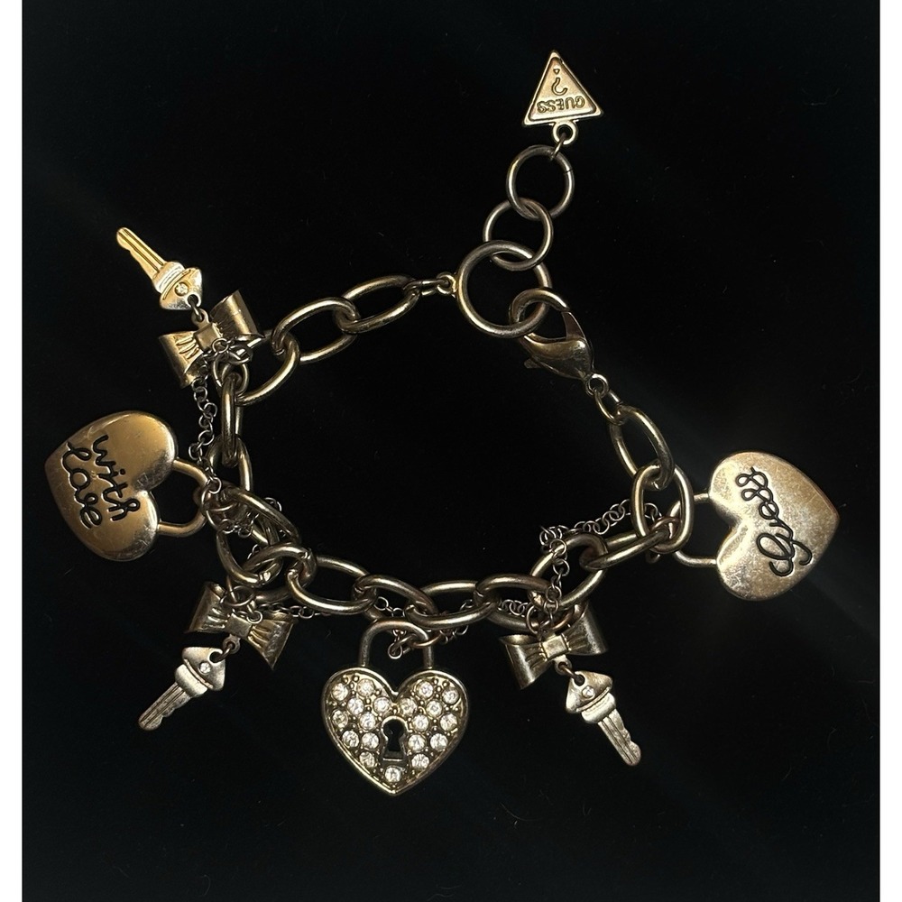 Vintage GUESS Charm Bracelet Heart Keys Rhinestones With Love